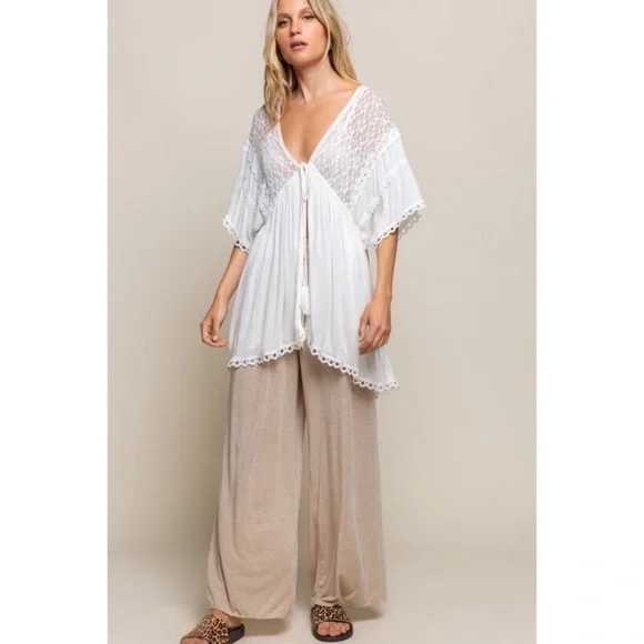 POL Light Grey Tassel Tie Rayon Gauze + Lace Kimono Cardigan - Picture 5 of 6